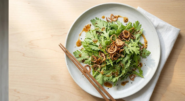 Japanese Tang Oh & Crispy Shallot Salad with Ginger Sesame Dressing