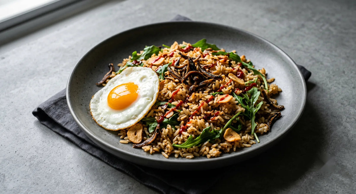 Arugula & Garlic Fried Rice with Crispy Anchovies