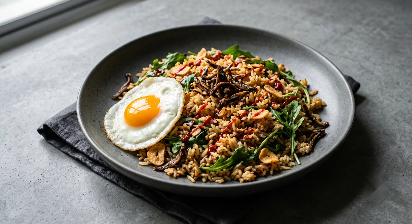 Arugula & Garlic Fried Rice with Crispy Anchovies