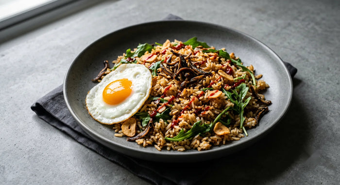 Arugula & Garlic Fried Rice with Crispy Anchovies