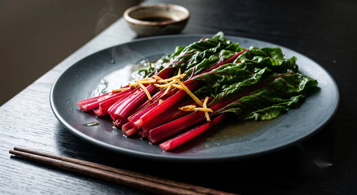 Cantonese Steamed Ruby Chard with Ginger Soy & Sesame Oil