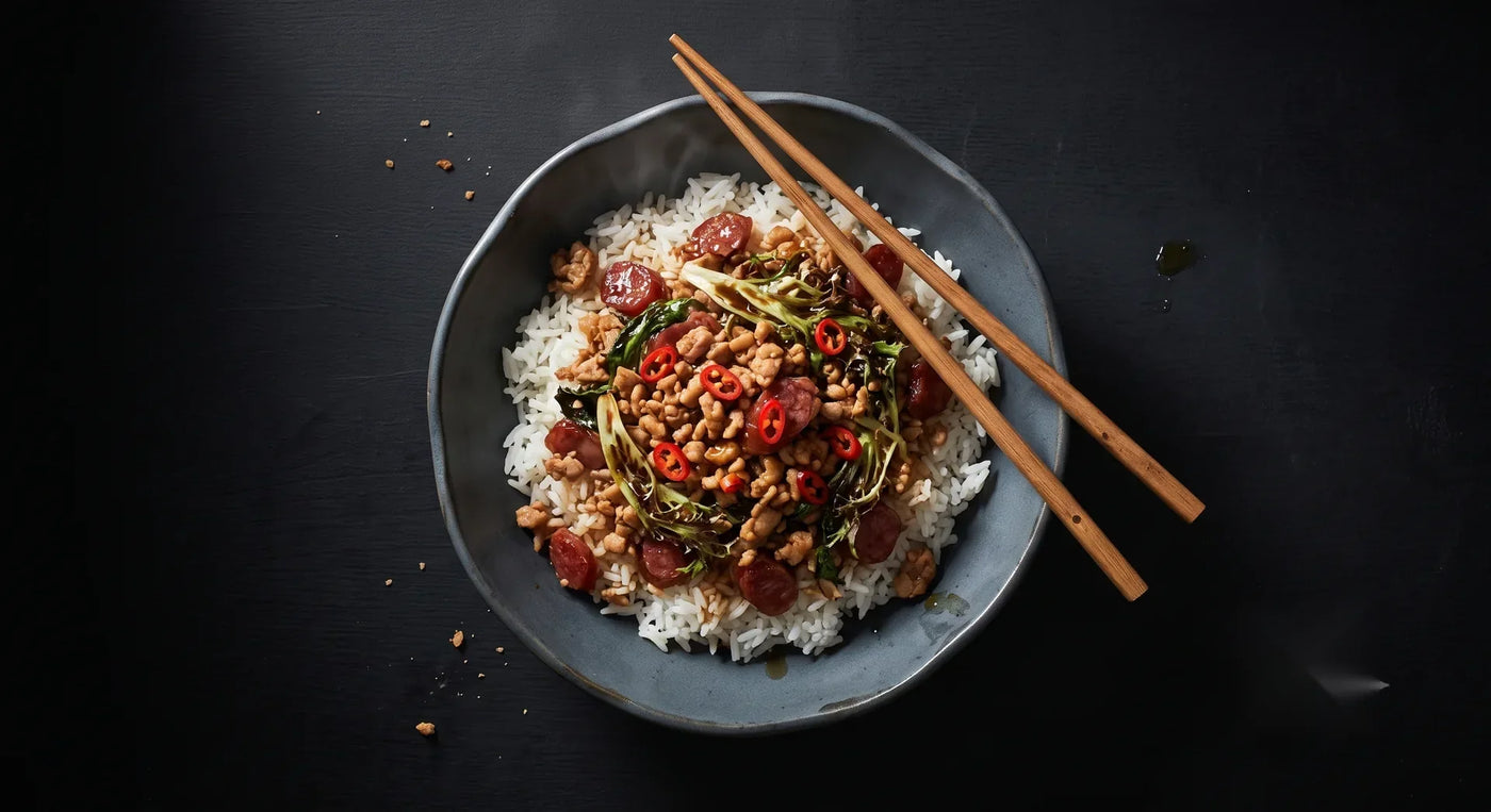 Spicy Minced Pork & Aeroveg Red Frisée Stir Fry with Lap Cheong
