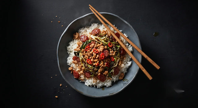 Spicy Minced Pork & Aeroveg Red Frisée Stir Fry with Lap Cheong