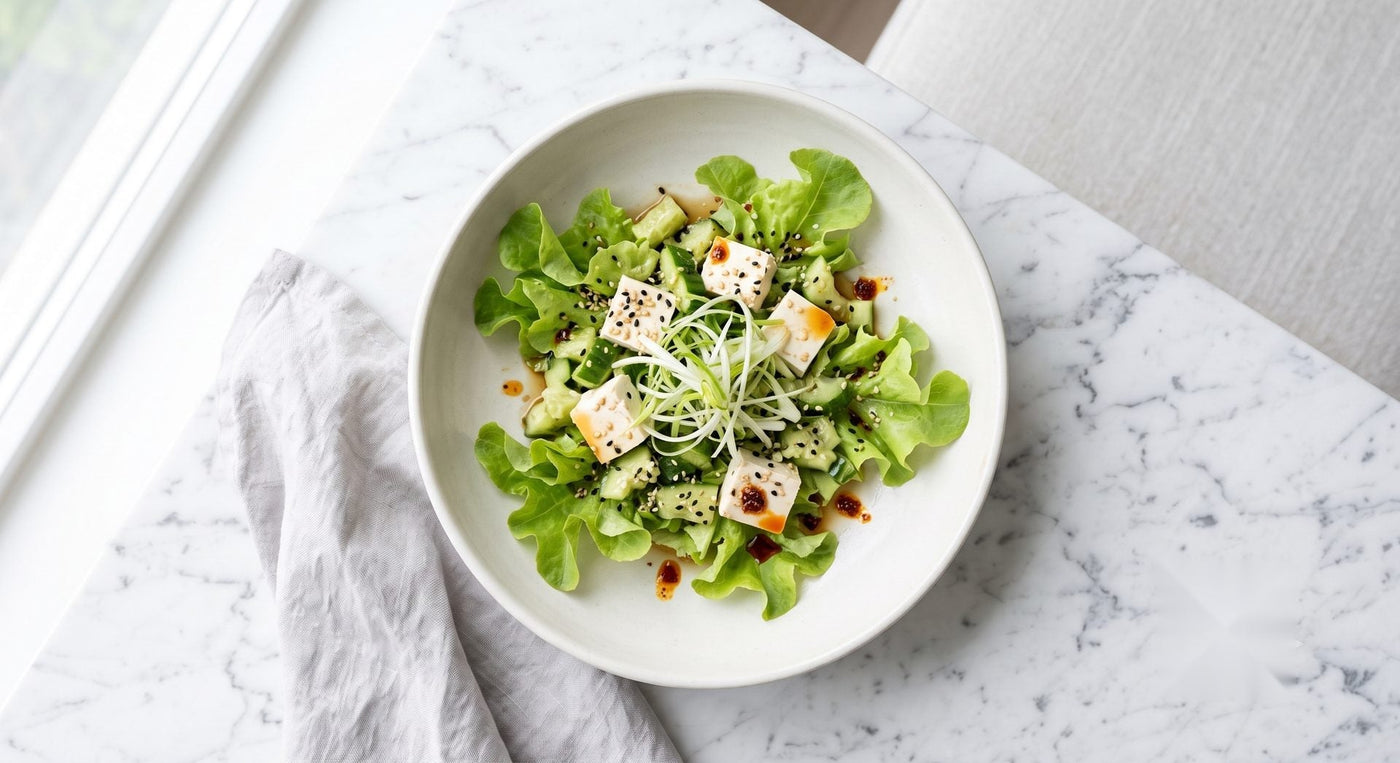 Green Oakleaf, Smashed Cucumber & Silken Tofu Salad