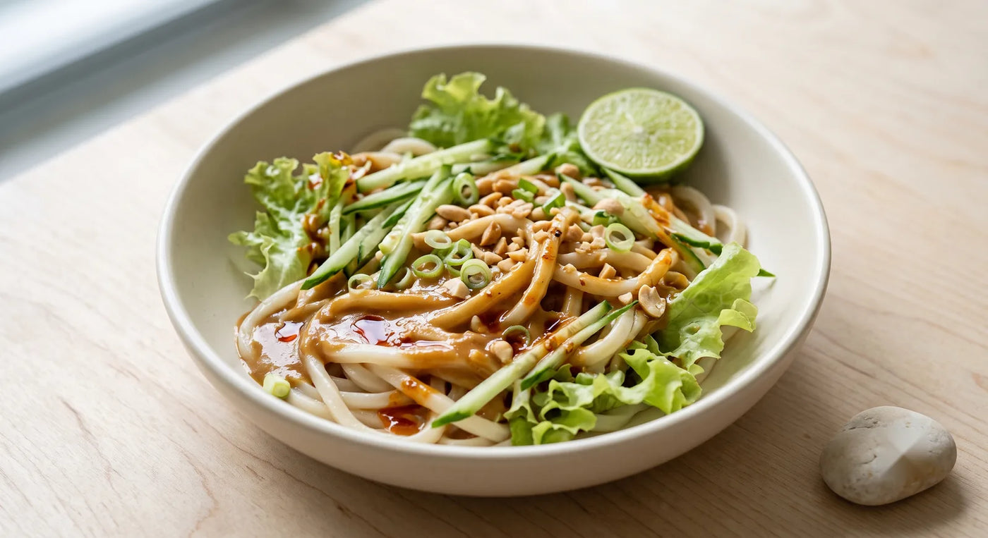 Green Oakleaf Cold Udon with Spicy Peanut Sauce