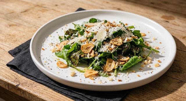 Pan-Wilted Arugula with Crispy Garlic & Parmesan Breadcrumbs