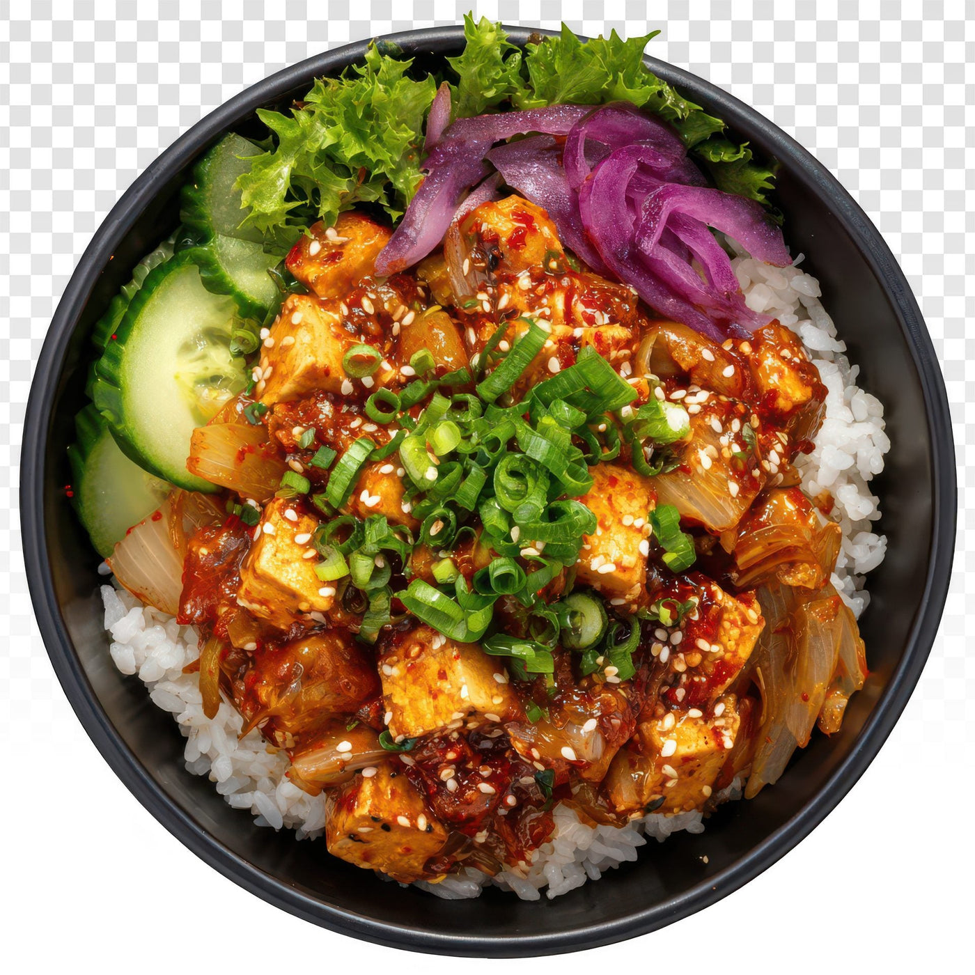 Red Oakleaf Sesame Chicken Rice Bowl — Aeroveg Red Oakleaf with crispy chicken and gochujang drizzle