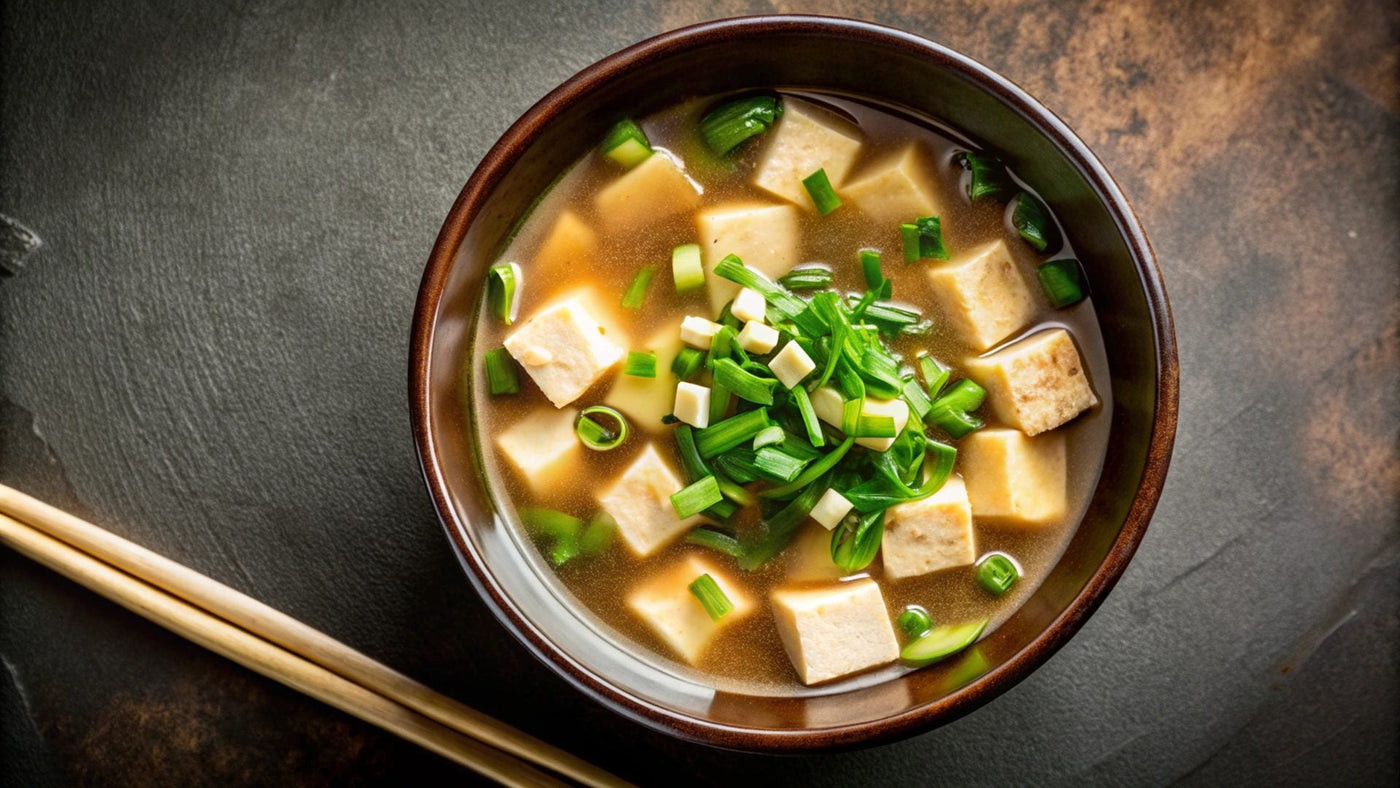 Mizuna Crispy Tofu Ramen — Aeroveg Mizuna in miso broth with crispy tofu and soft egg