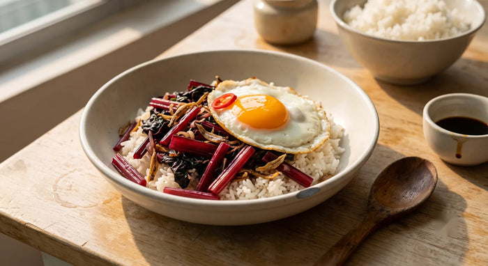 Ruby Chard & Ikan Bilis Morning Stir Fry with Fried Egg